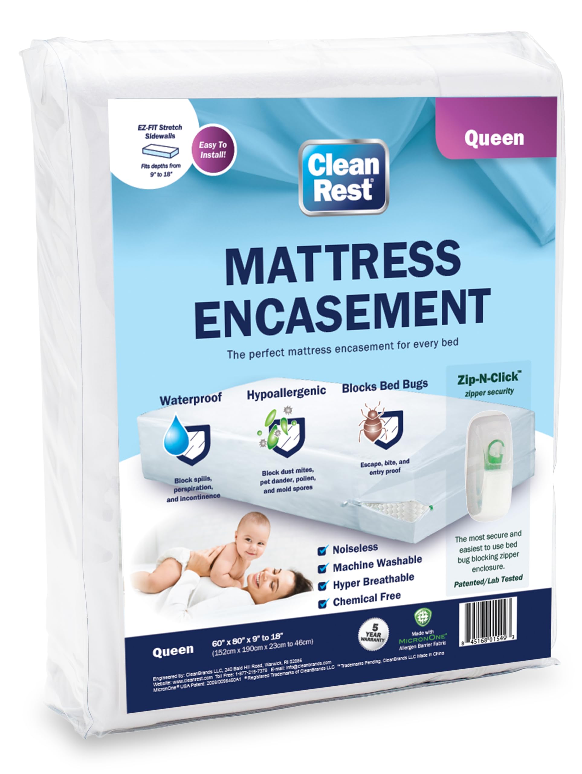 CleanRest Mattress Encasement (Zippered Protector) w/Patented Fabric and Zipper Closure for Superior Bed Bug, Allergy & Waterproof Protection and Cooler Sleep - Queen Size