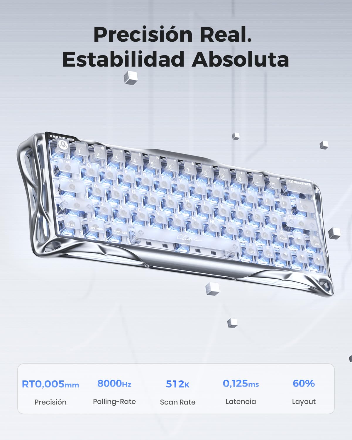 GravaStar Mercury V60 Pro 60% Teclado Gaming de Efecto Hall, Teclado Rapid Trigger con 8000 Hz, interruptores magnéticos, Snap Tap, Aluminio CNC, RGB, para FPS,CS2,PC/Mac (Silver Frost, QZERTY)