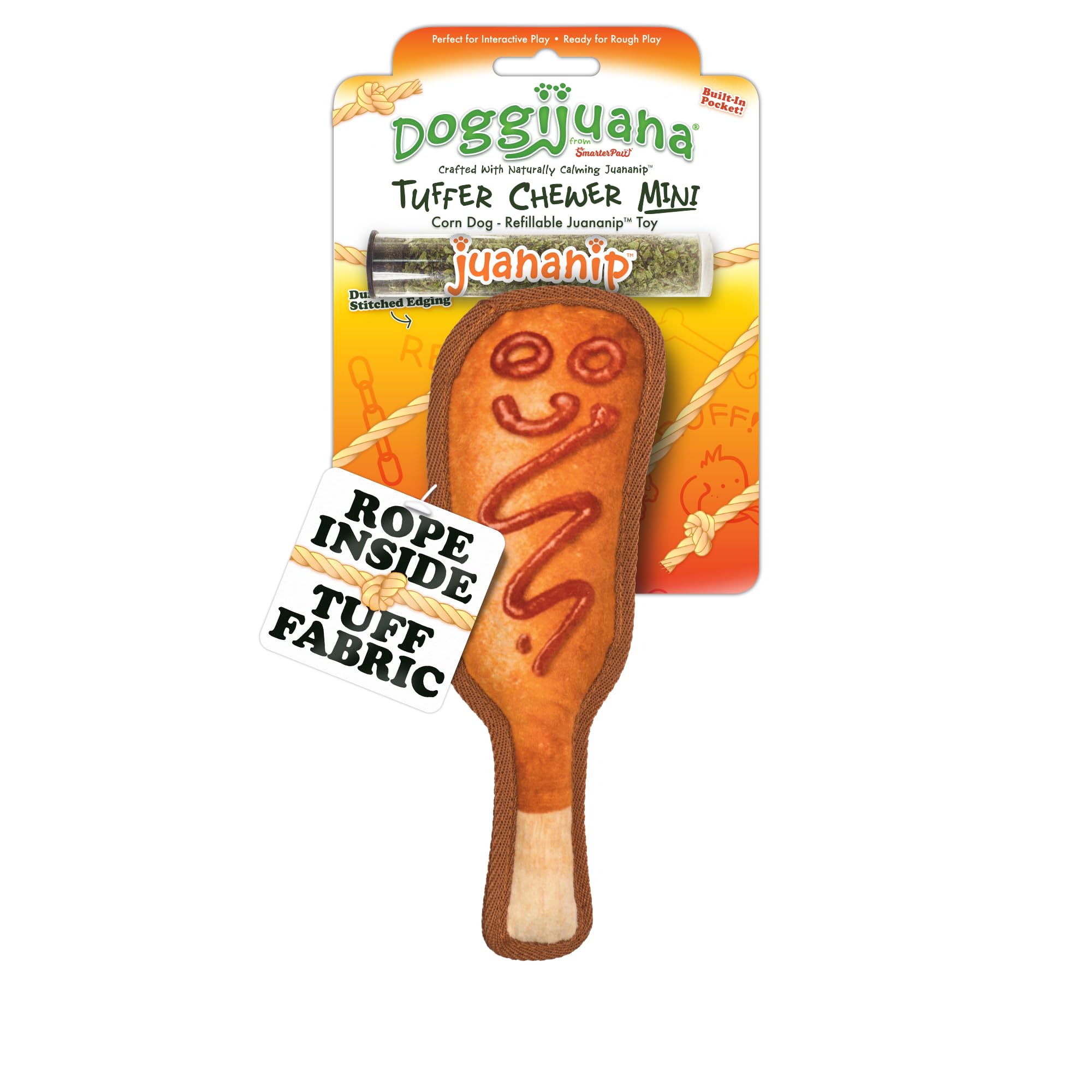 Doggijuana Mini Tuffer Chewer Dog Toy, Corn Dog | Plush, Squeaky