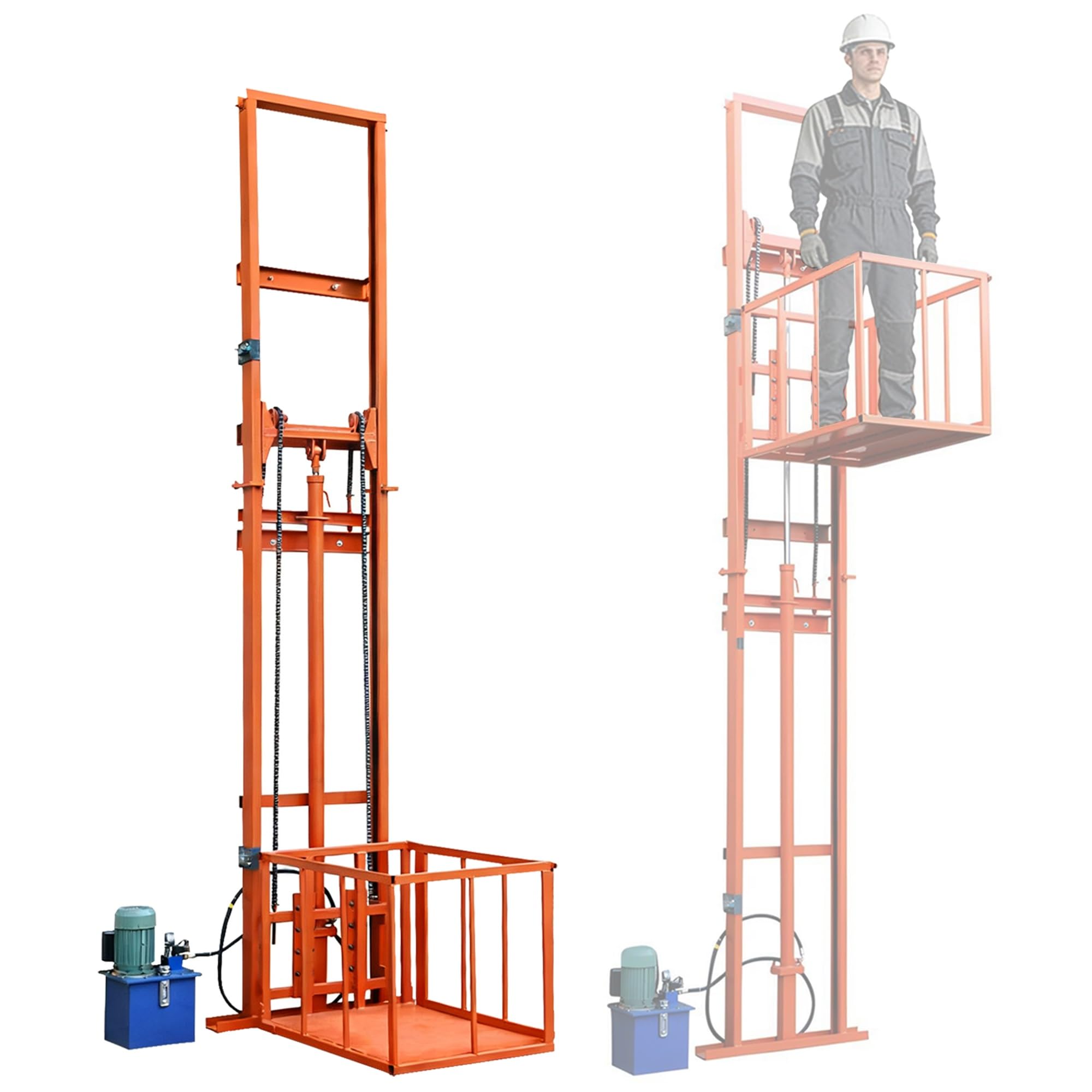 Plataforma de elevación hidráulica eléctrica de 1 tonelada/2200 libras, altura de elevación de 2 m-32 pies, elevador de carga montado en la pared con barandillas para uso doméstico y almacén