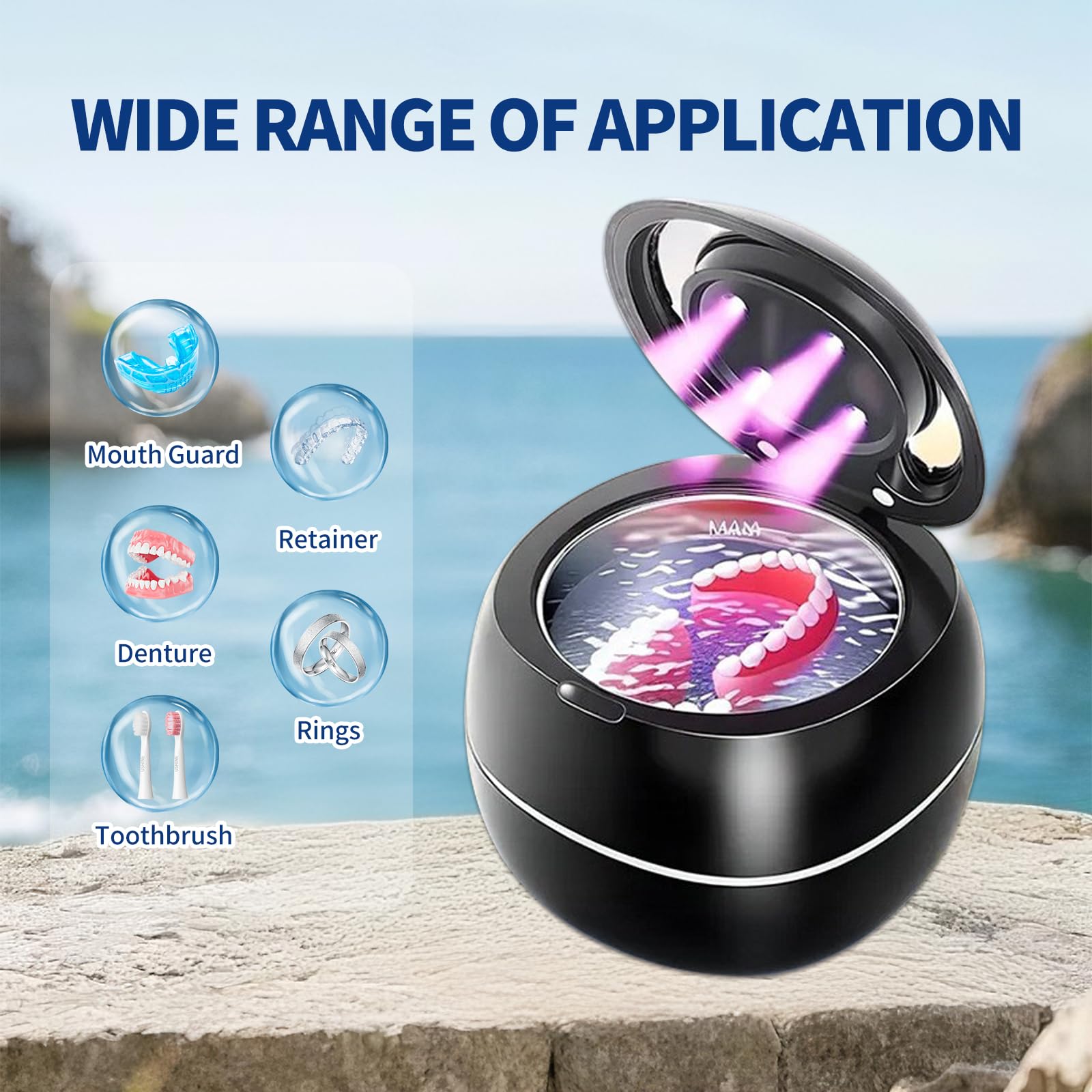 Máquina limpiadora ultrasónica de prótesis, portátil de 42 kHz con luz UV, kit de limpieza de dientes falsos sónicos para retenedores, alineadores, prótesis, protectores bucales, aparatos