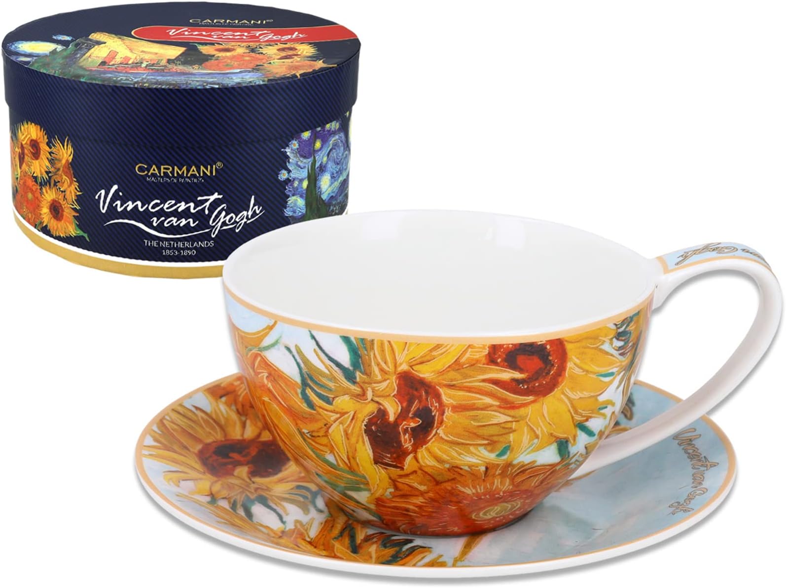 CARMANI - Porcelain Tea, Coffee, Cappucino Cup and Saucer Set with Vincent Van Gogh, Sunflowers 360ml
