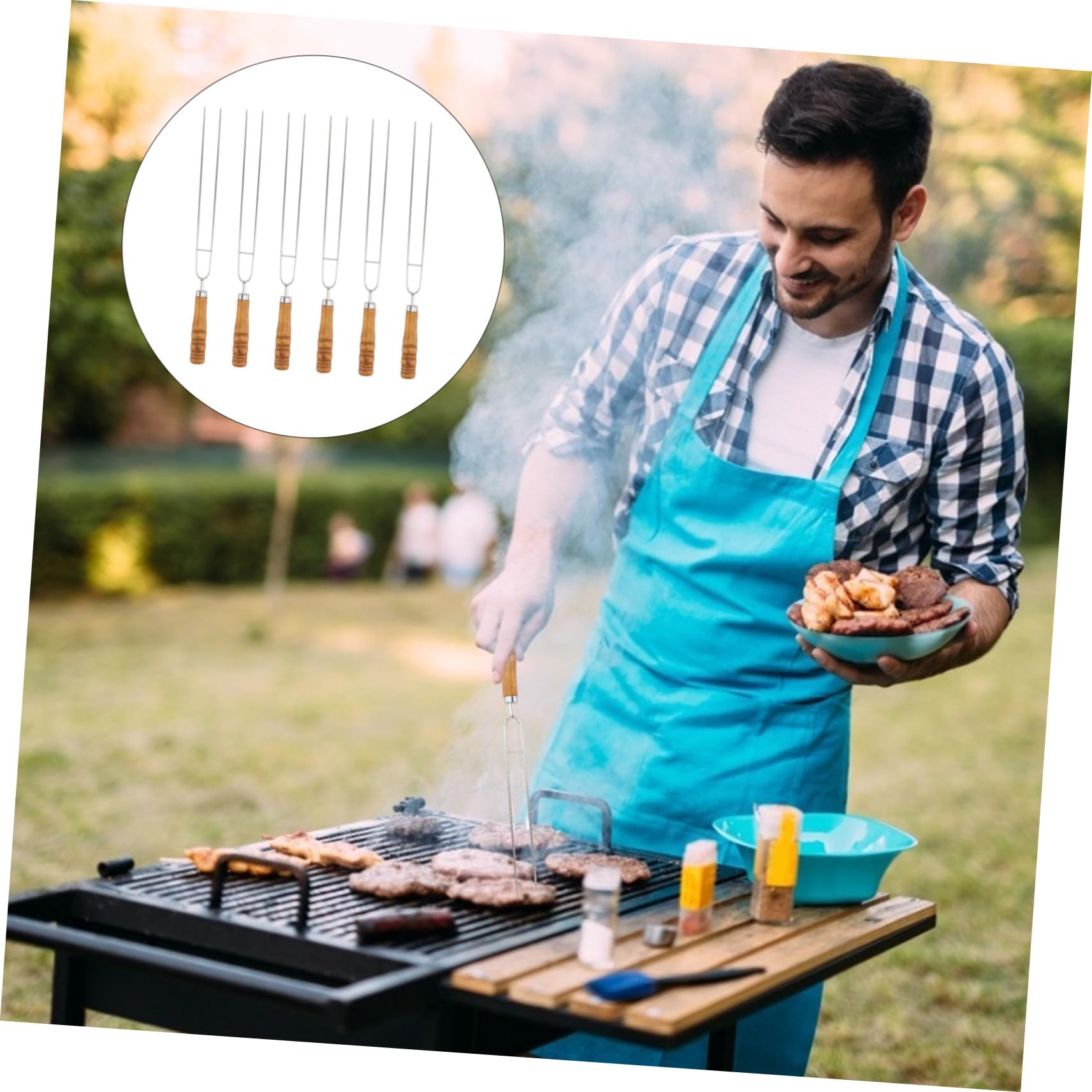6 Piezas Pinchos para Barbacoa Acero Inoxidable con Doble Mango Madera Utensilios para Asar Carne y Vegetales Exteriores sin Reutilizables