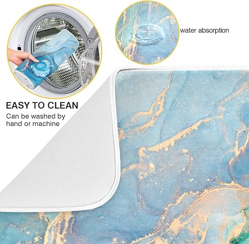 Miniatura 4 de Tapete de secado de platos de mármol para encimera de cocina, tapete de secado de platos azul, turquesa, turquesa, dorado, de 18 x 24 pulgadas, con