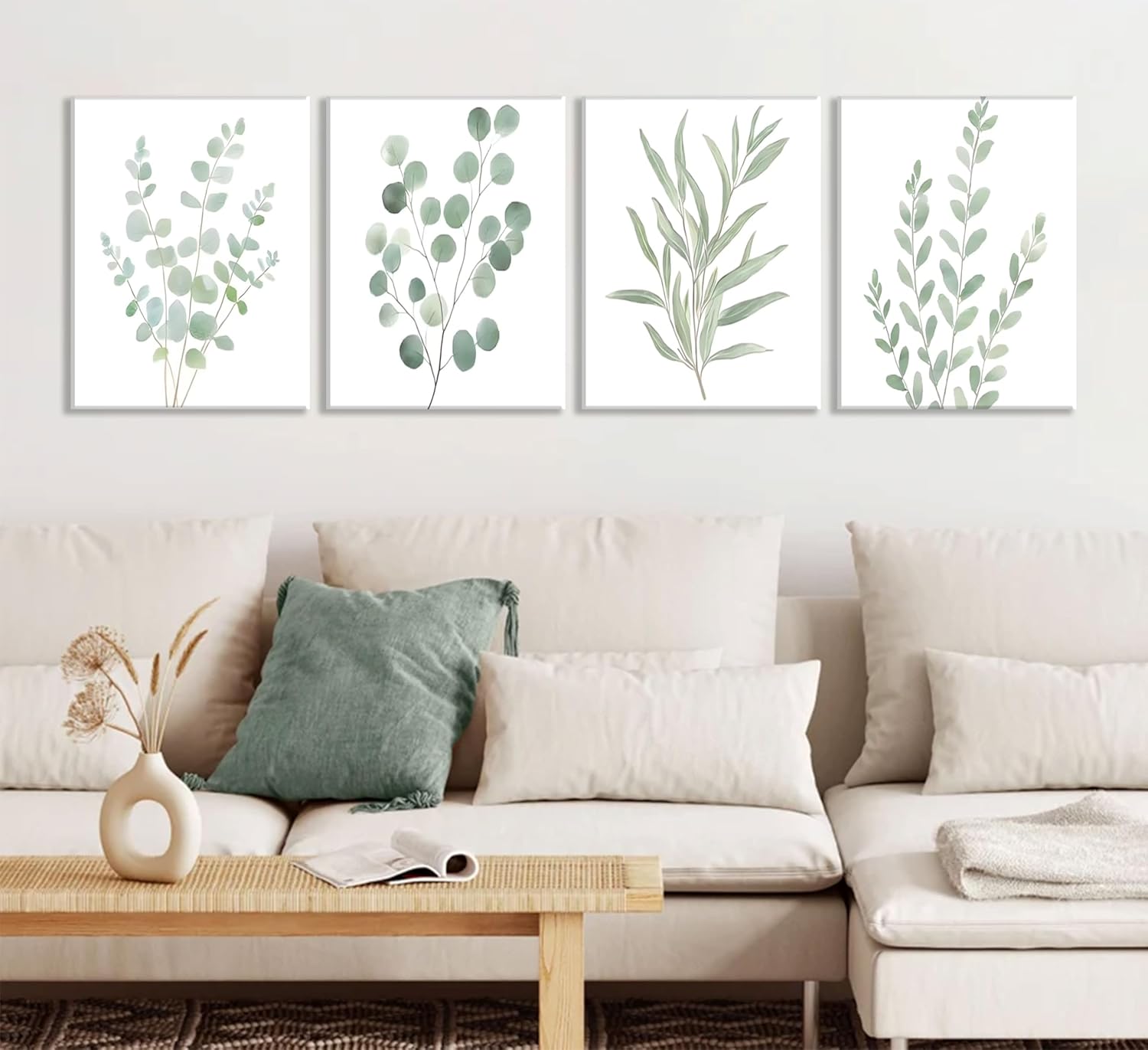 4Pcs Eucalyptus Botanical Canvas Wall Art Sage Green Bathroom Pictures Watercolor Mint Green Plant Leaves Poster Print Modern Minimalist Aesthetics Paintings Wall Decor for Bedroom 8x10in Framed