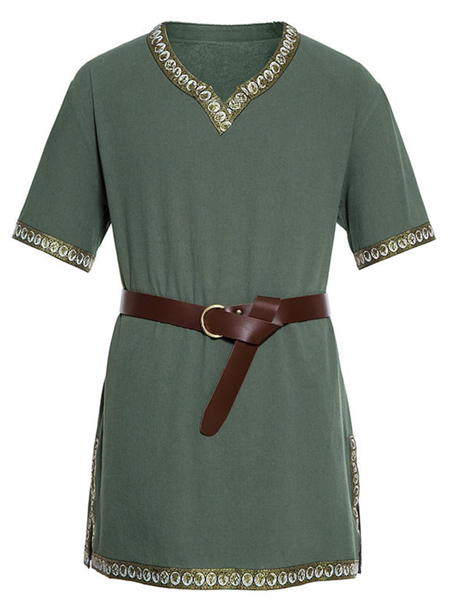 Springcmy Men Medieval Costume Renaissance Templar Tunic Viking Knight Pirate Vintage Warrior Halloween Cosplay Party Tops (Army Green, L)