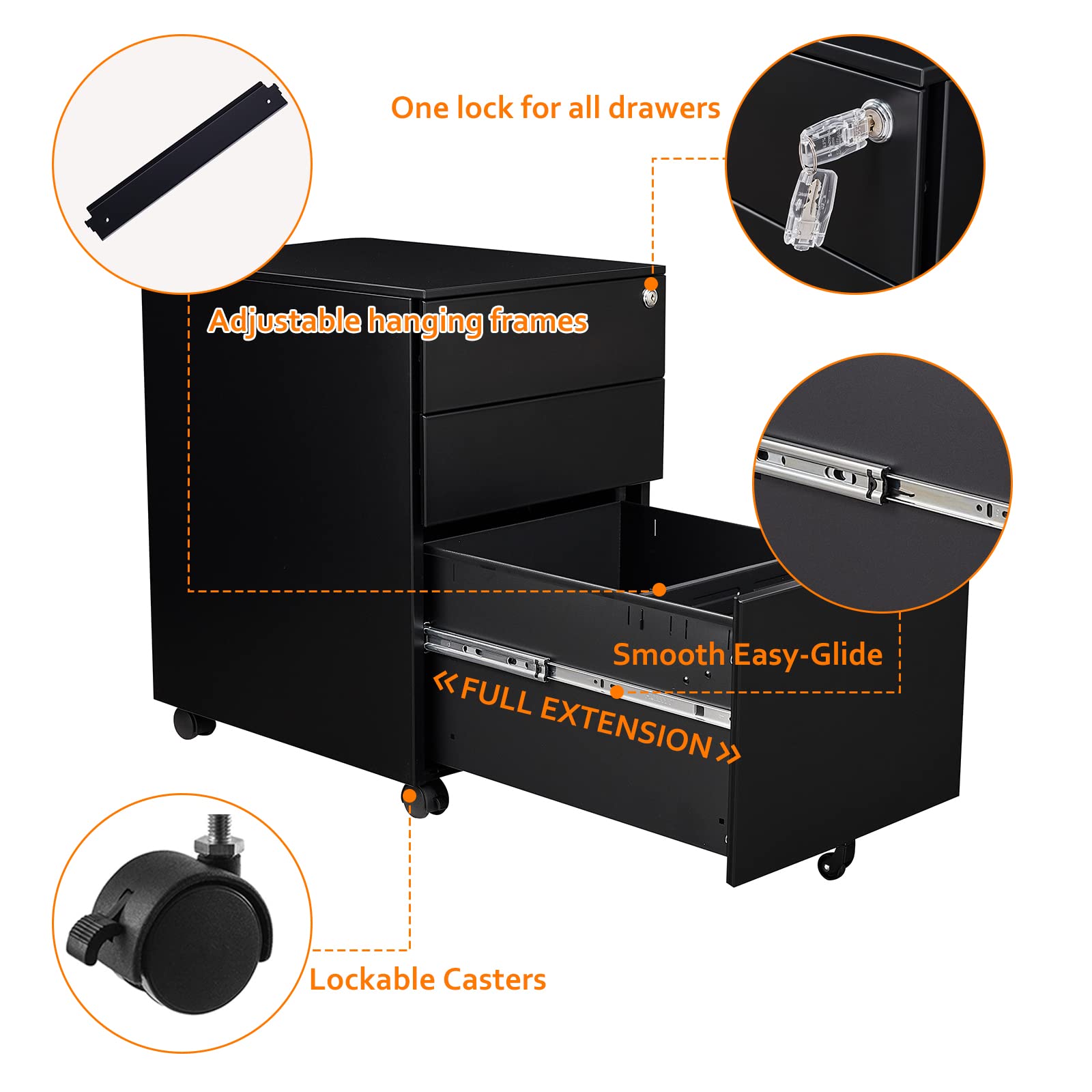 Sightlife Cassettiera Ufficio Scrivania 3 Cassetti, Cassettiera Scrivania in Metallo con Serratura, Schedario da Ufficio per Stampante, Nero, L39 x P50 x A60 cm – Prodotto da assemblare