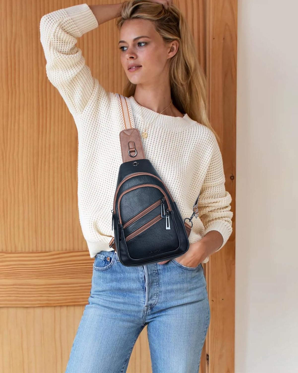 7L Crossboydy Sling Bag for Women Vegan Leather Crossbody Purse Fanny Pack Chest Bag for Travel,Black Brown - Image 2