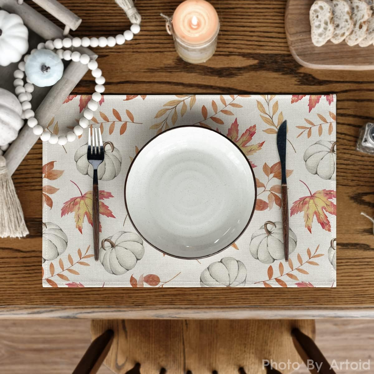 Artoid Mode Maple Leaf Pumpkins Fall Placemats Set of 8-12 x 18 Inch | Heat-Resistant Table Mats, Washable Seasonal Autumn Kitchen Dining Decor