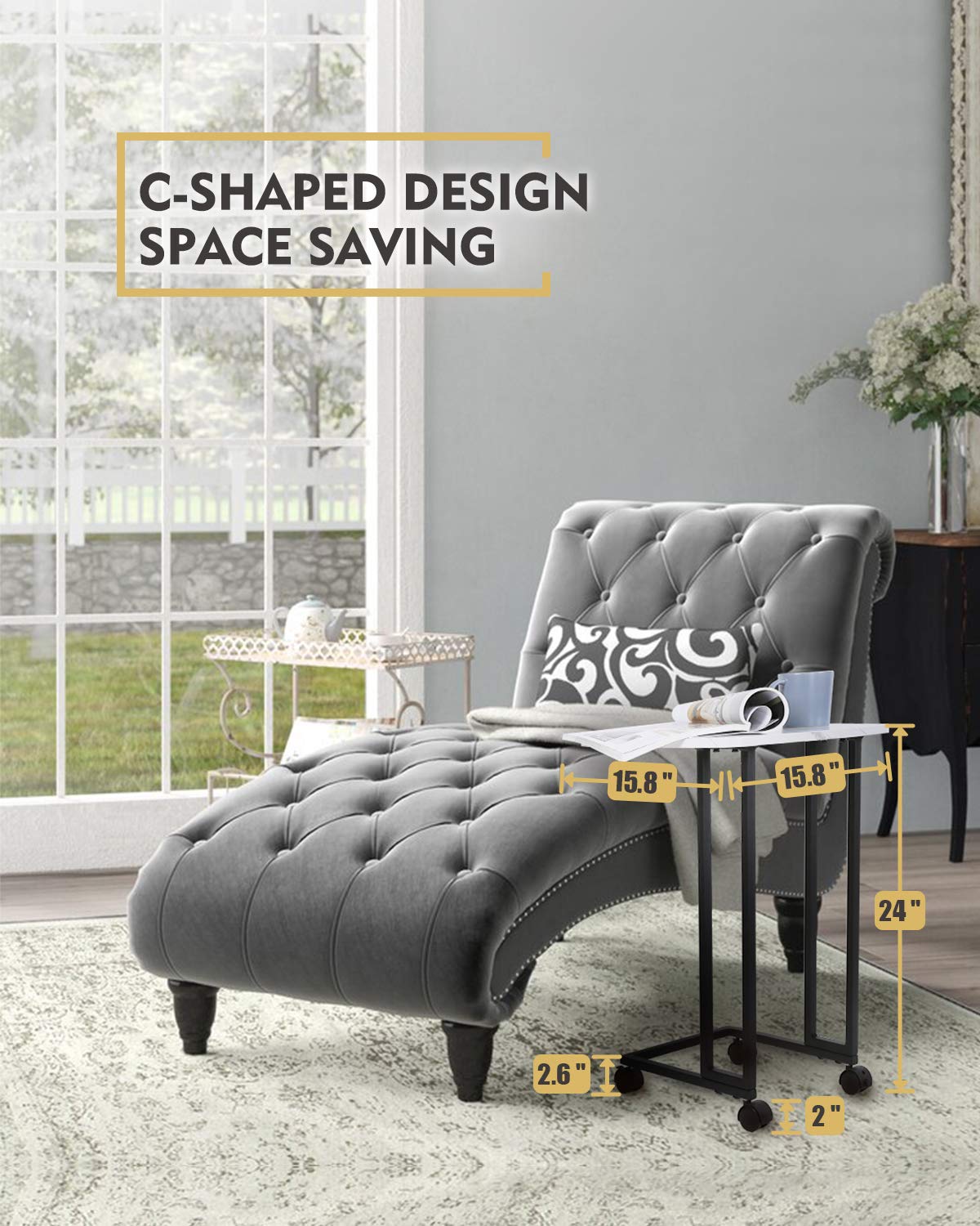 Moncot Side Table, Mobile Sofa End Table, Accent C Table,TV Tray with Detachable Wheels,Slides into Couch for Small Space,Living Room, Bedroom, MDF Table Top with White Marble Texture, ET220A-WH