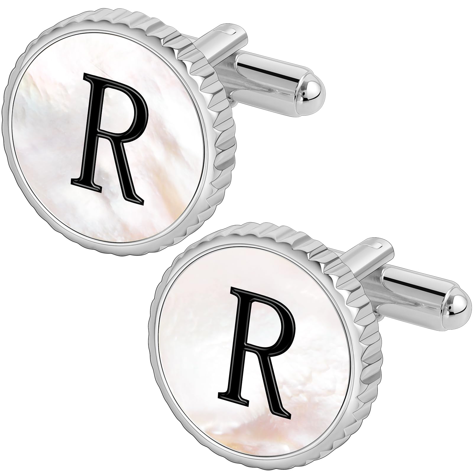 TAIGRAMAGold Silver Cuff Links Mens, Mother Of Pearl Cufflinks for Men Initial Personalized Cufflinks 26 Alphabet Gold Silver Cuff Links for Anniversary Business Wedding