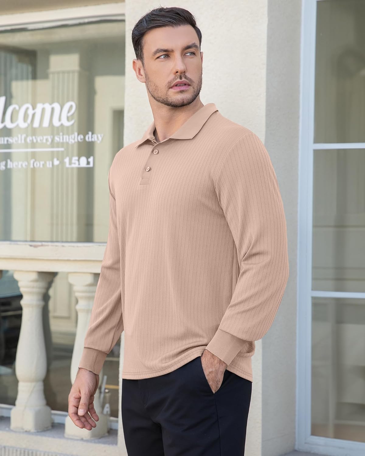 KUYIGO Mens Collared Polo Shirts Long Sleeve Button Textured Tops Loose Fit Casual Fashion Stretchy Golf T-Shirt - Image 3