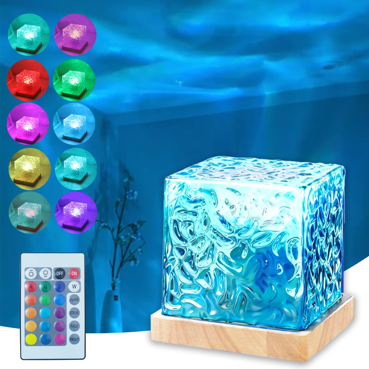 Baibaiba Ocean Lamp Water Light Projector – Ocean Wave Projector Light with 16 Colors & Remote, Cube Water Ripple Lamp Mood Lighting for Bedroom Ceiling, Room Decor Night Light Gift(Wood)