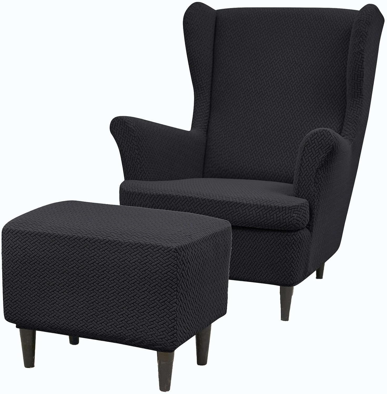 HACLEN Wingback Chair Cover with Ottoman Cover, Jacquard Wingback Chair Slipcover with Cushion Cover Stretch Washable Wing Chair Cover (Black,one size)