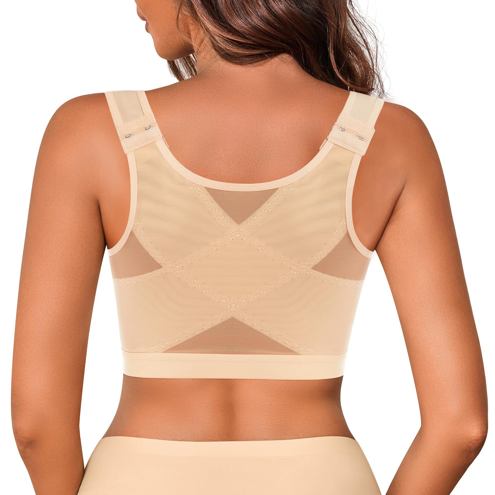 IROCUEFront Closure Posture Corrector Wireless Bra Back Support Comfy Unlined Bras Full Coverage Bra with Nipple Covers