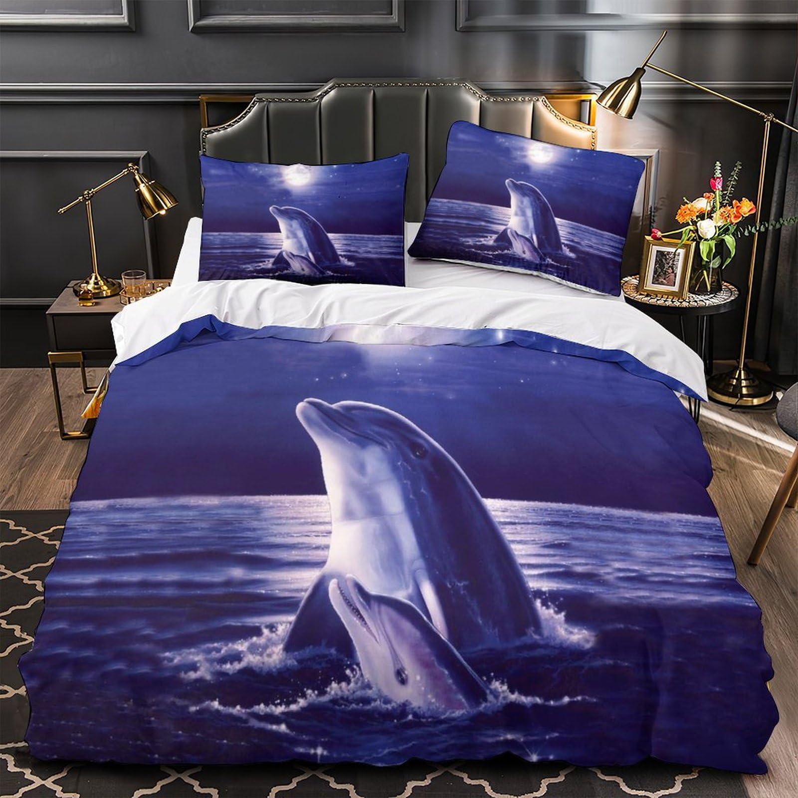 MXRMXR Dolphin Bedding Set for Kids Adult Teens, 3D Duvet Cover with Pillowcases, Soft Microfiber Quilt Cover with Zipper Closure 3 Piece Set Super King（260x220cm）