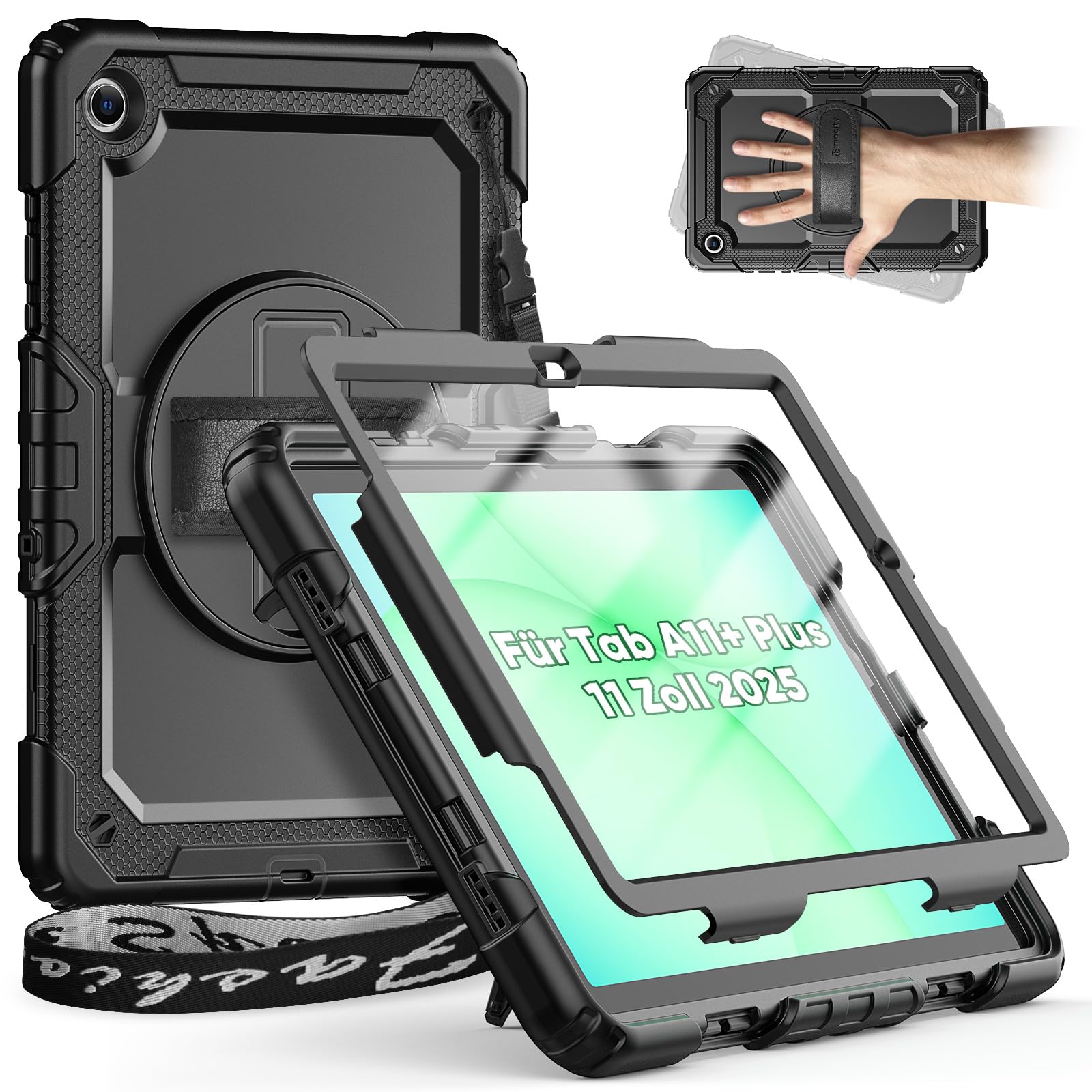 timecity Hülle für Samsung Galaxy Tab A11 Plus 2025 11 Zoll/Tab A9+ Plus 11 Zoll (2023), stoßfeste Hülle mit Displayschutz, 360° Drehbarem Ständer/Handschlaufe, Schultergurt,Für A11 Plus 11,Schwarz