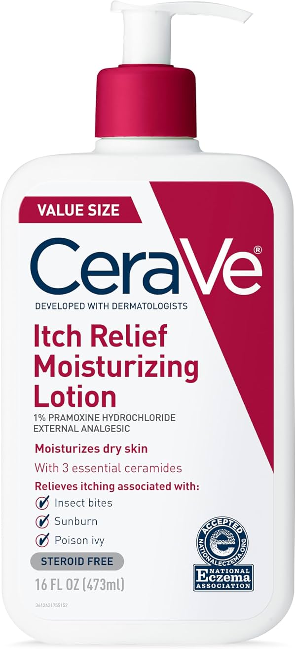 CeraVe Loción Antipicazón, Humectante Corporal con Ácido Hialurónico para Piel Seca, 16oz | Fórmula de Cuidado de la Piel de Acción Rápida con Niacinamida y Clorhidrato, Actúa como Crema Antipicazón Calmante para Alivio de Quemaduras de Sol 16 Onzas (Paquete de 1)