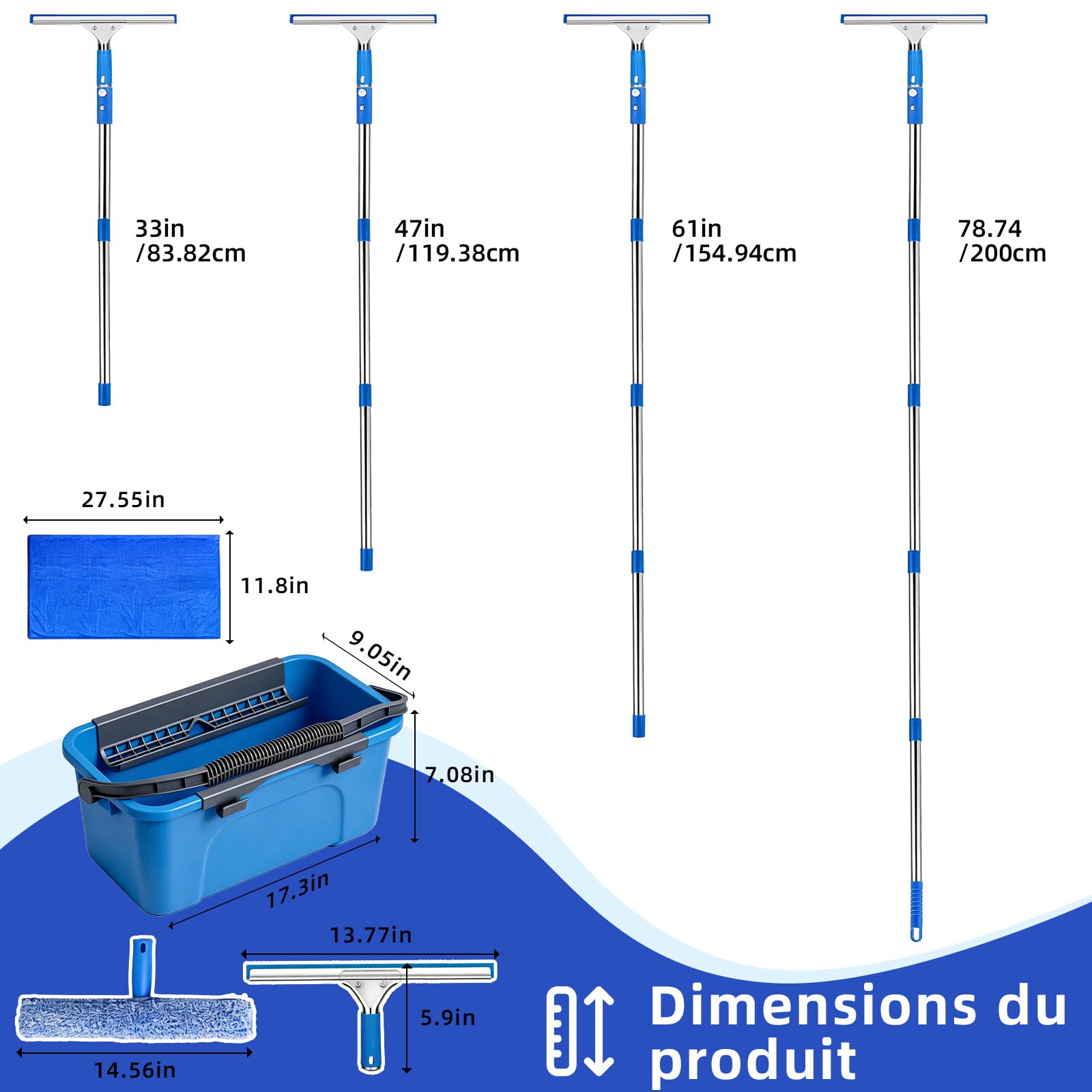 Kit de Nettoyage de Vitres, Inclure Seau 12L, Raclette Silicone, Brosse Microfibre, 200cm Télescopique Manche, Vaporisateur, Chiffon, pour Salle de Bain, Douche, Voiture, Miroir, Fenêtre