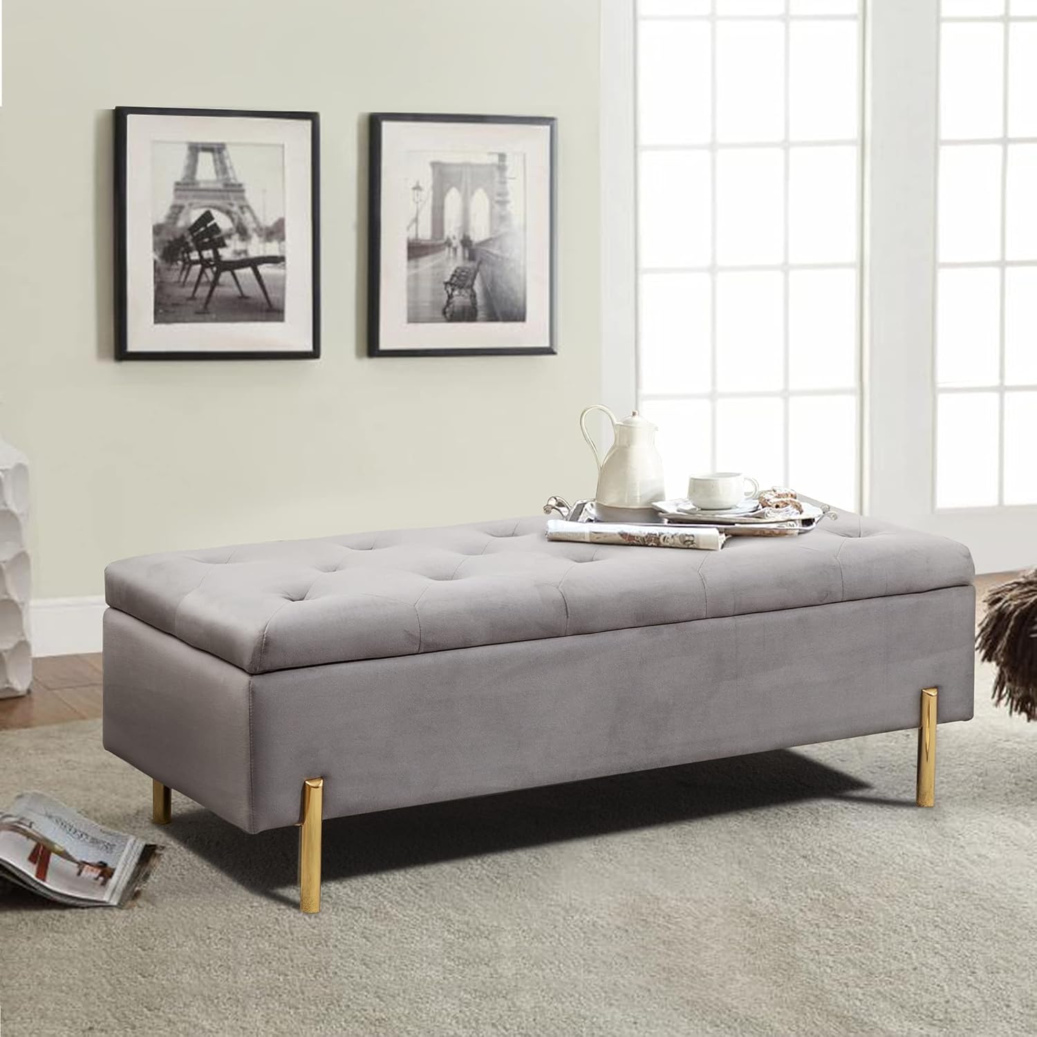 ALISH Upholstered Storage Bench Velvet Bed Bench with Storage Entryway Bench with Metal Legs for Bedroom Living Room Gray