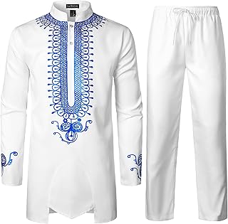 Men's African Attire Outfit Gold Foil Print Long Sleeve Shirt and Pant Dashiki Suit 2 Piece Set