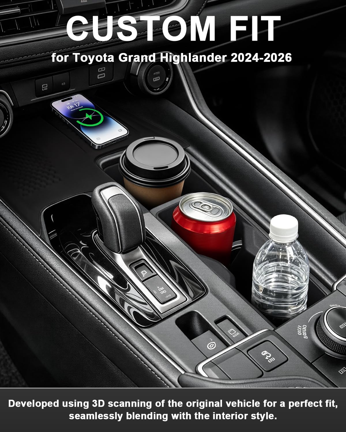 Cup Holder Insert & Phone Charge Mat for Toyota Grand Highlander 2024-2026