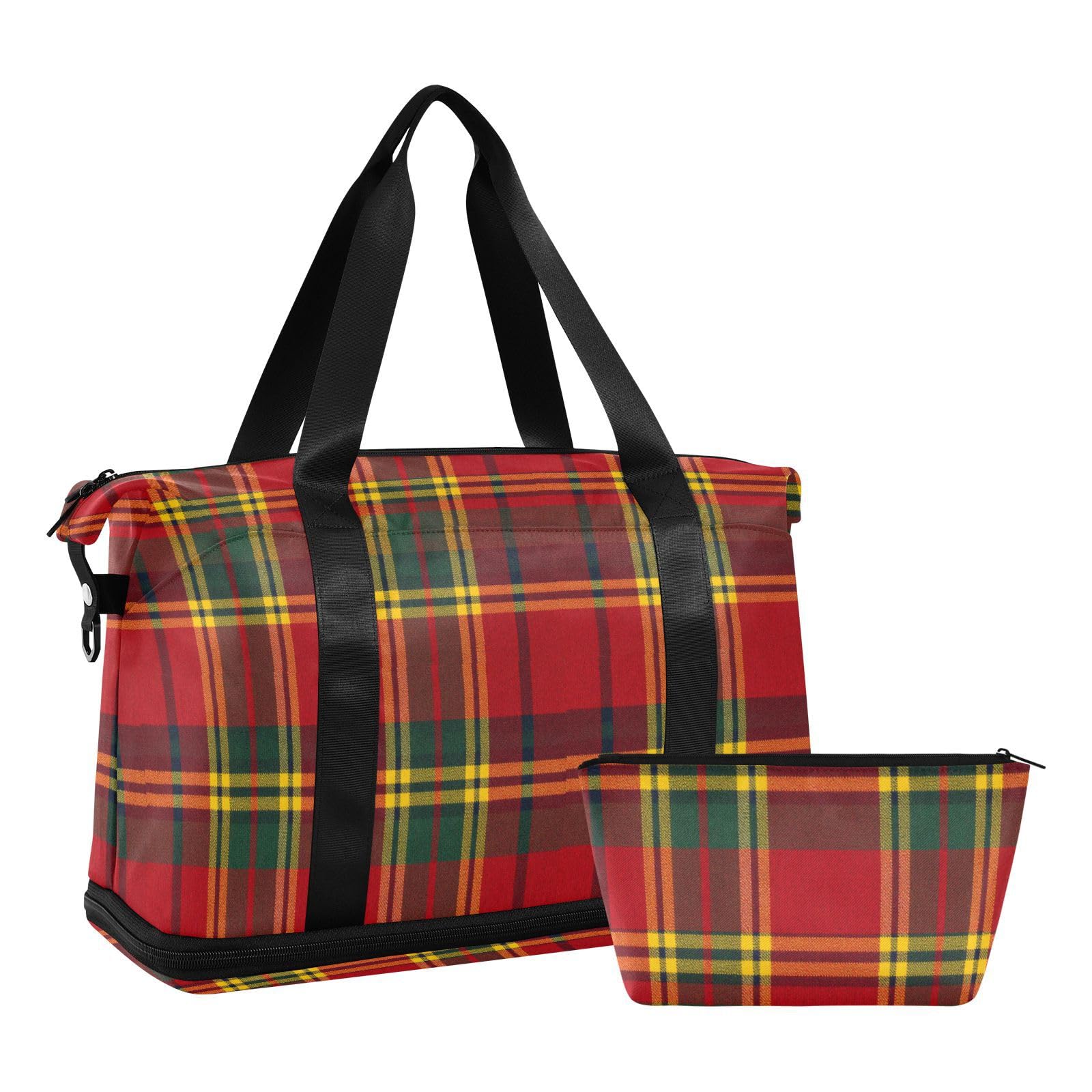 Bolsa de lona escocesa a cuadros de tartán rojo con bolsillo mojado, correa ajustable, bolsas de lona para yoga, gran capacidad para hombres y mujeres