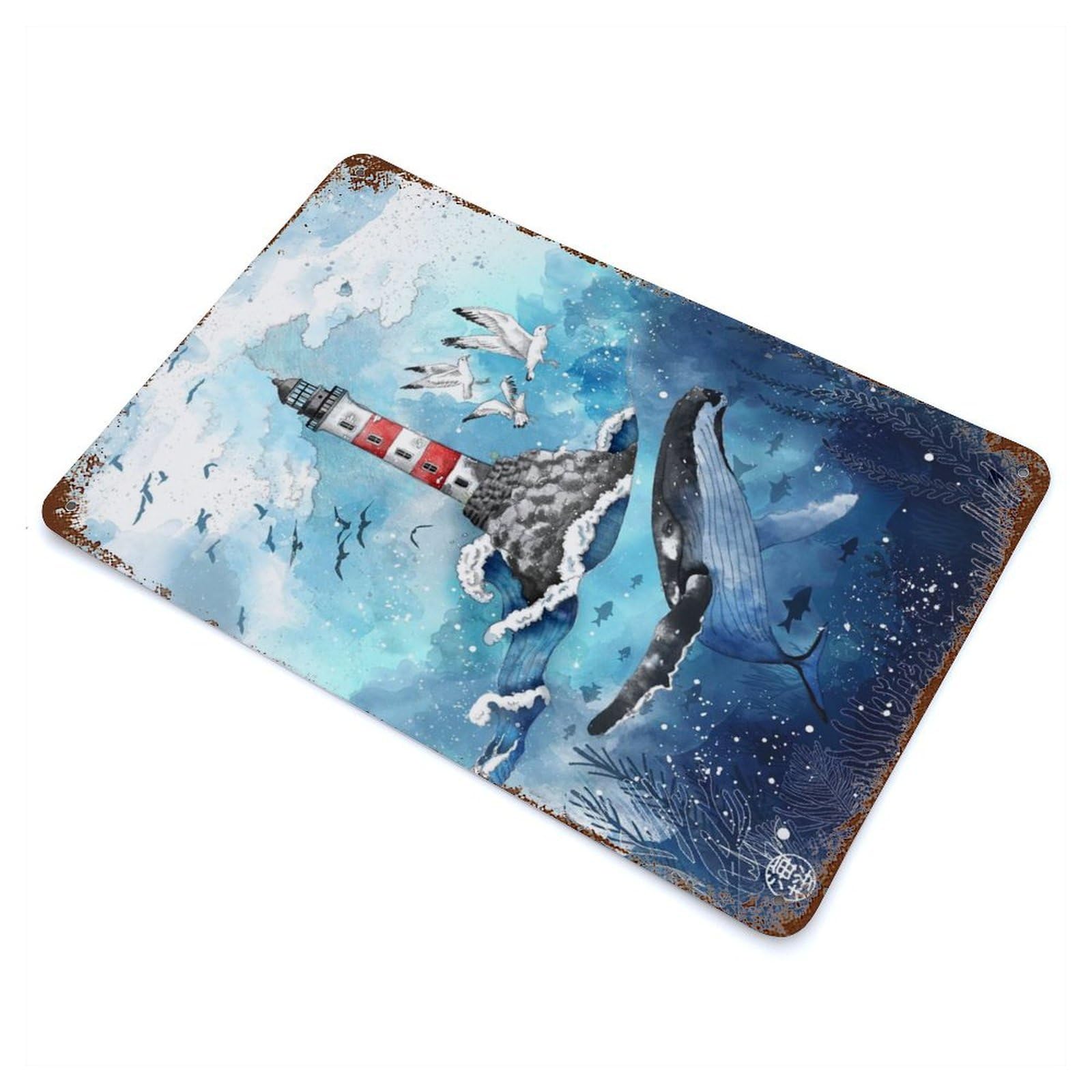 Aged Metal Wall Plaque with Sea Whale And Lighthouse Design 11.8"x7.9", for Garage, Bar And Workshop Decor, Rustic Home Decor
