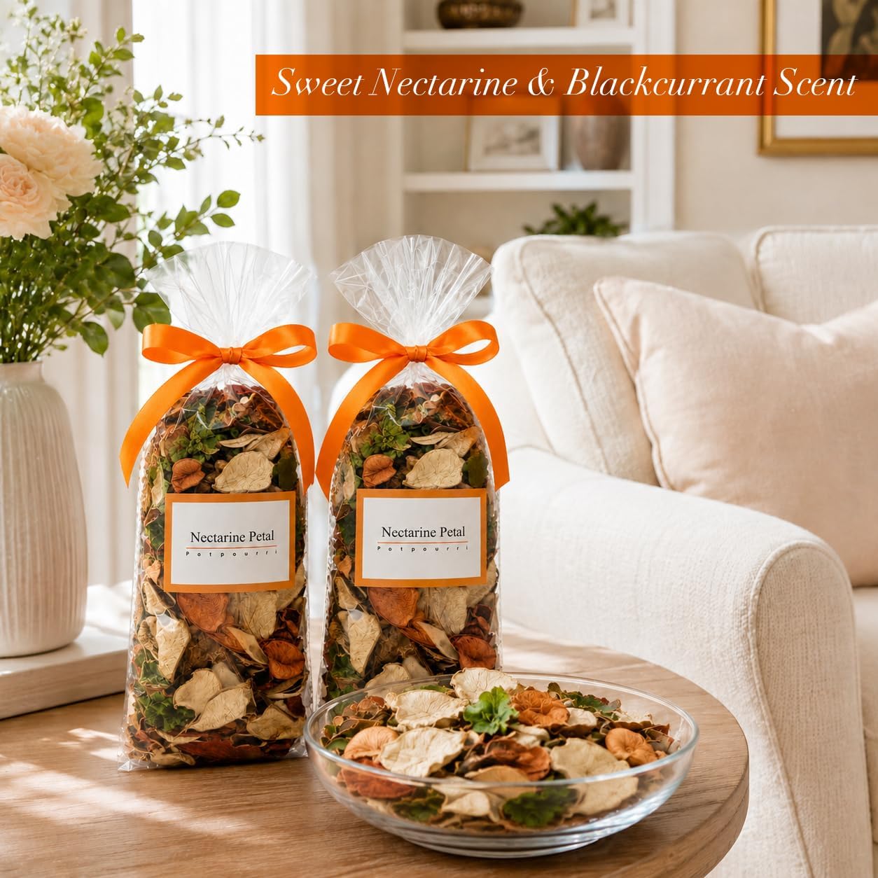 Peach Nectarine Potpourri Bowl Filler 10 Bags 5.56oz Spring Decor | Sweet Nectarine & Blackcurrant Scent with Orange Flowers, 10 Bags for Cars/Closets, Pet-safe, Great for Spring Home