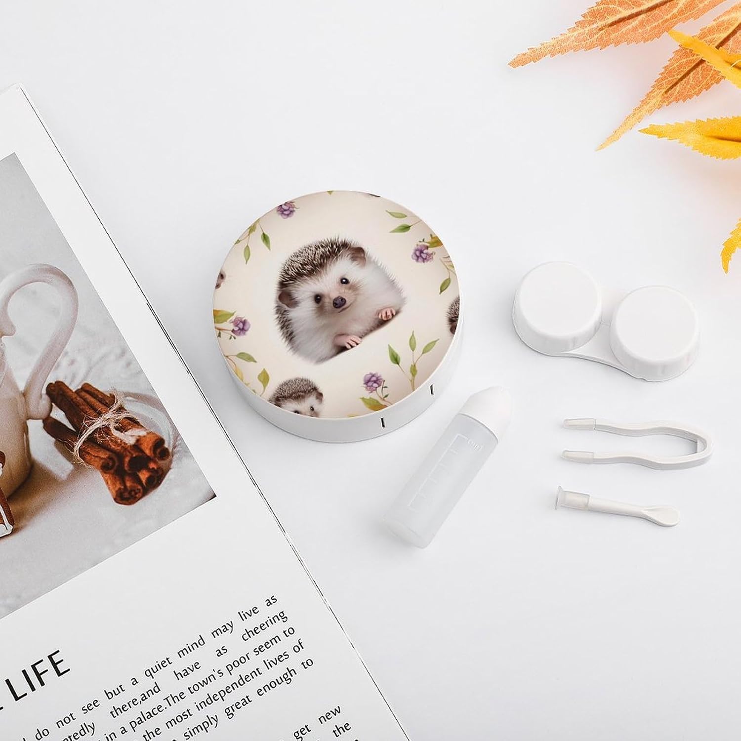 Cute Baby Hedgehog Contact Lens Case with Solution Bottle, Portable Contact Lens Box with Mirror, Lenses Applicator Remover Tool Kit for Women Men, Contact Lens Holder Container image 5