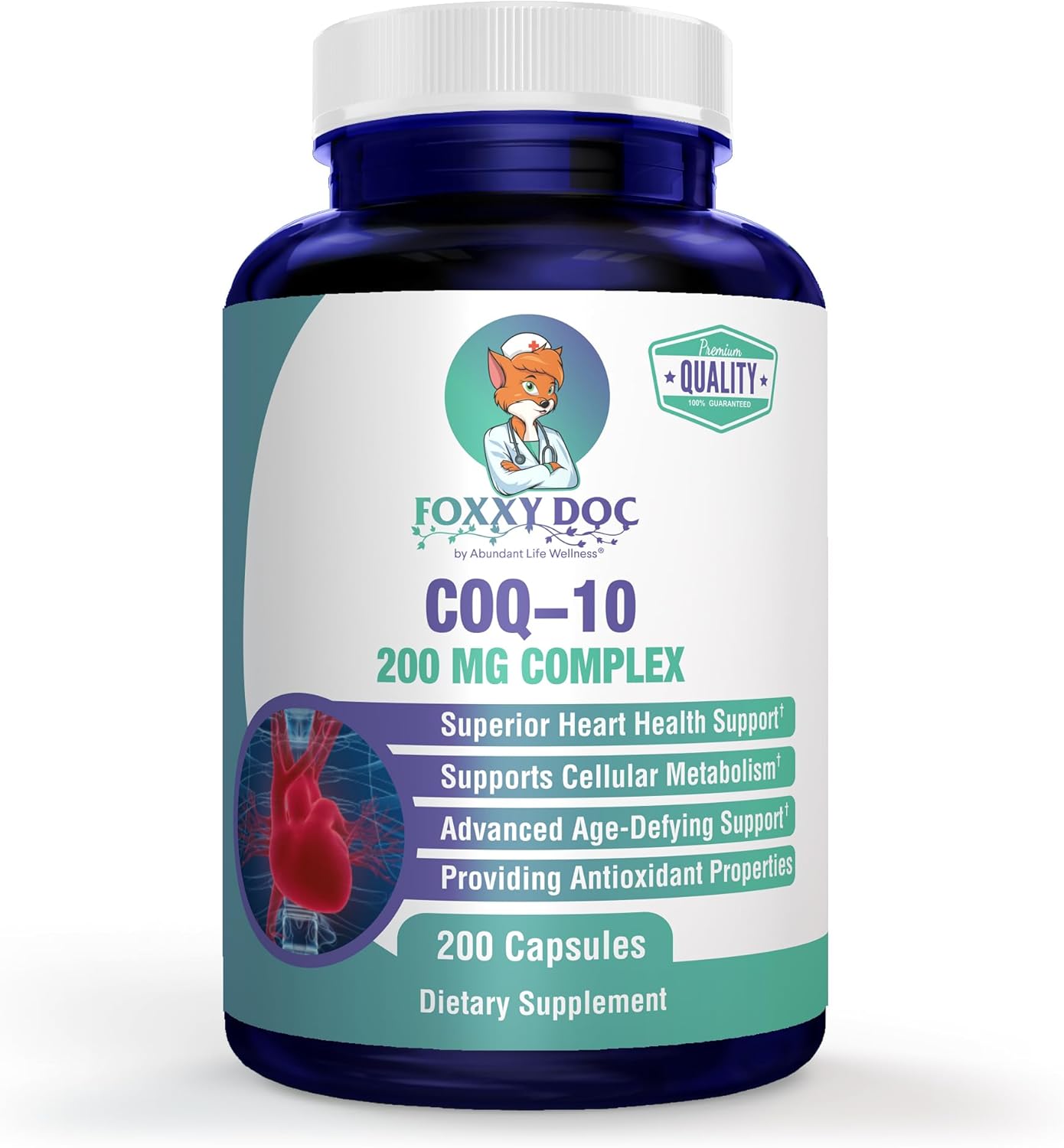CoQ10 - Co-Enzyme Q10-200 mg - Excellent Value - 200 Caps - Quick Absorption - Veg. Caps - Non-GMO - Ubiquinone - Heart & Cellular Energy & Brain Supplement by Foxxy Doc