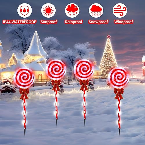 Miniatura 5 de Paquete de 4 luces de camino de piruleta de Navidad para exteriores con lazos, 80 luces LED solares de alto brillo, 8 modos, luces de paisaje