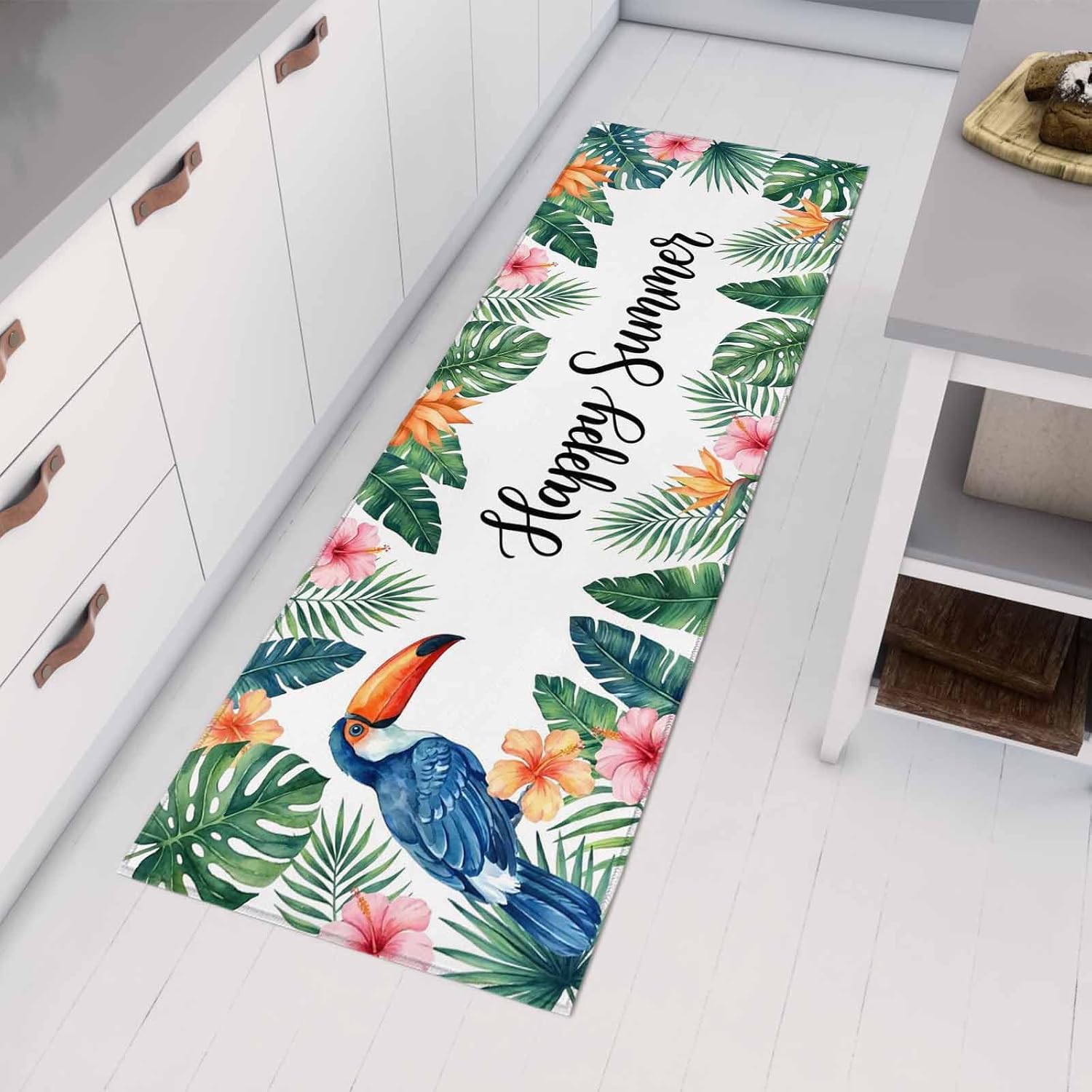 Teamery Kitchen Mats for Floor Happy Summer Monstera Flowers Washable Non Slip Kitchen Rugs 1PCS, Tropical Palm Leaf Floral Absorbent Standing Mats for Sink Bathroom Office Living Room 23.6x70.9in