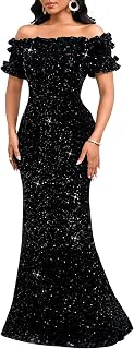 dasmzper Sexy Sequin Off-Shoulder Ruffle Sleeve Bodycon Mermaid Maxi Dress for Party Evening Wedding
