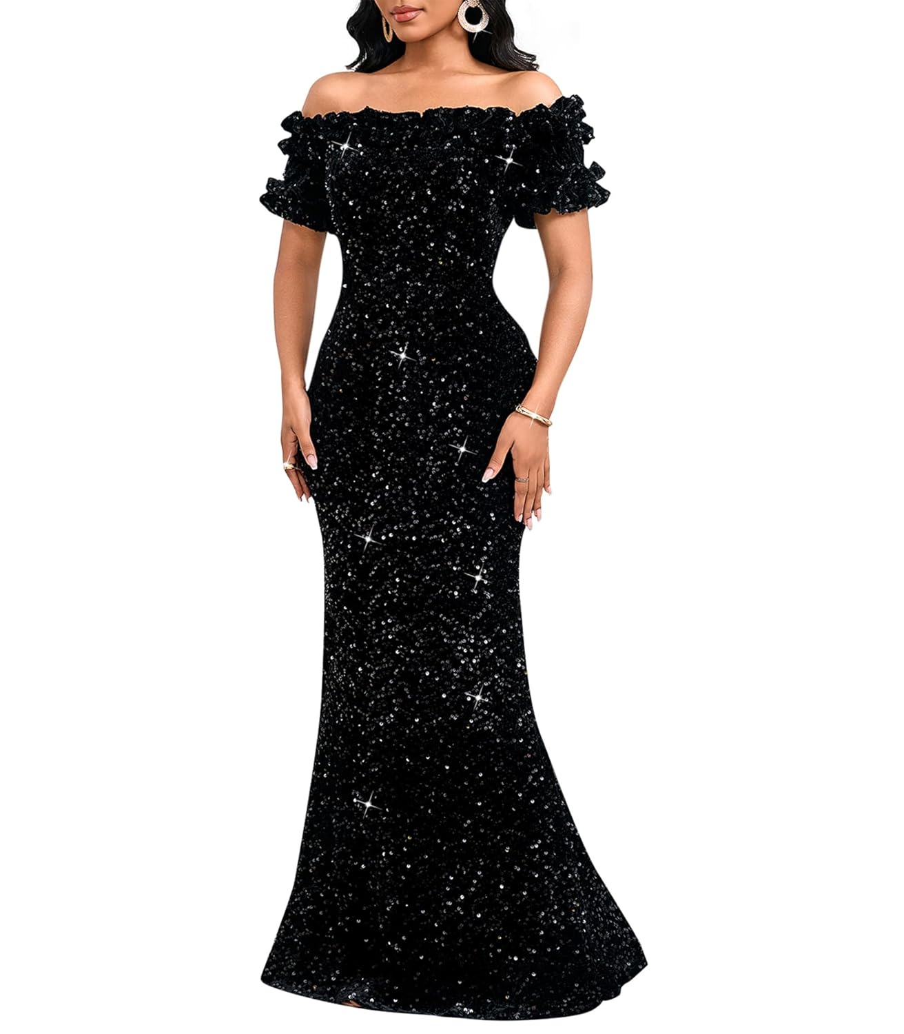 Women Sexy Sequin Off Shoulder Ruffle Short Sleeve Bodycon Mermaid Party Formal Evening Maxi Dress