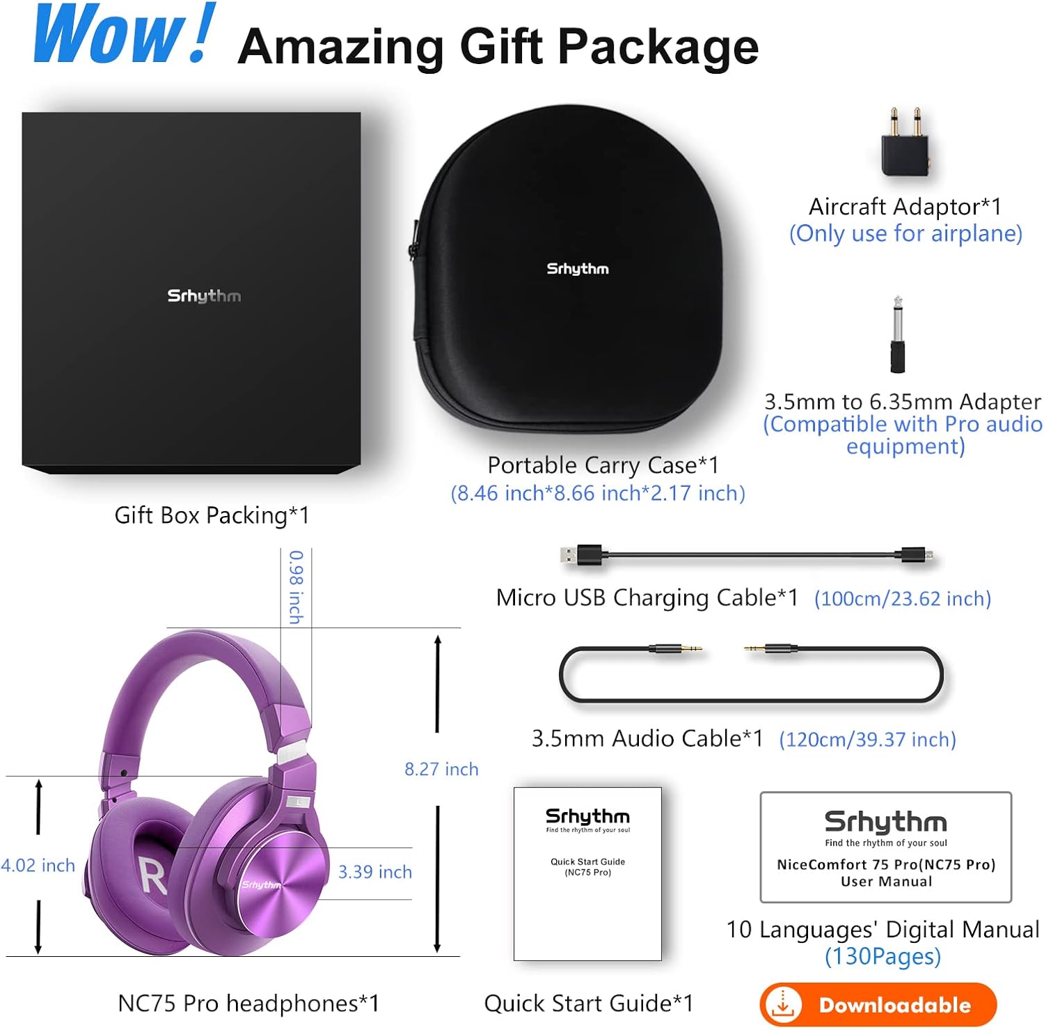 Srhythm NC75 Pro Noise Cancelling Headphones Bluetooth V5.3 Wireless, 40 Hours Playtime Over Ear Headsets with Microphones & Fast Charge for TV/PC/Cell Phone (Renewed)