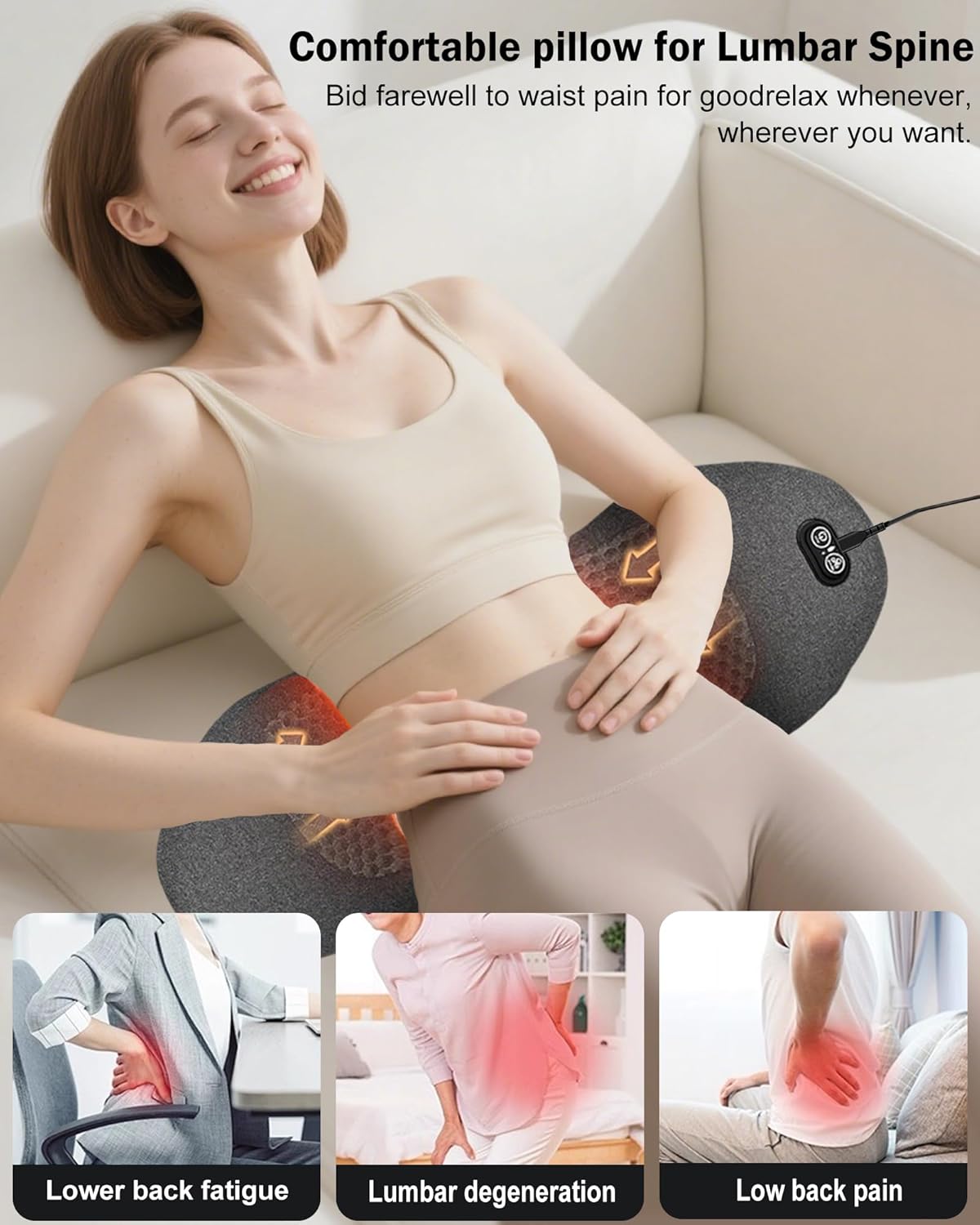 3 in 1 Electric Lumbar Support Pillow,Smooth Spine Back Massager with Heat Vibration Traction,Back Support Pillow for Lower Back Pain Relief,Deep Tissue Relaxation