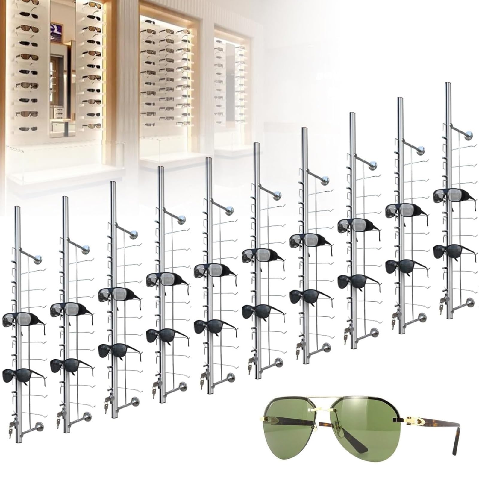 CAFIEDR Aluminium Lockable Eyeglasses Display Stand, Secure And Decorative Sunglasses Rack For Retail Stores.16pcs