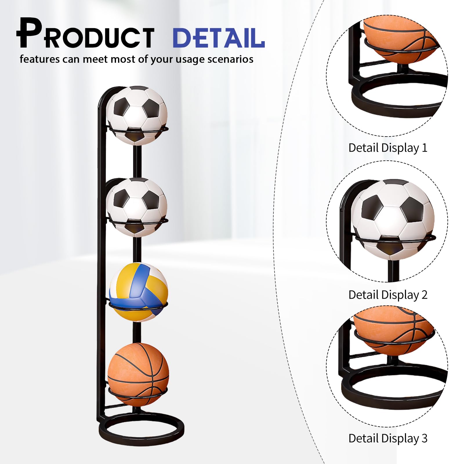 Estantería de 4 niveles para balones, soporte metálico para baloncesto, fútbol y voleibol