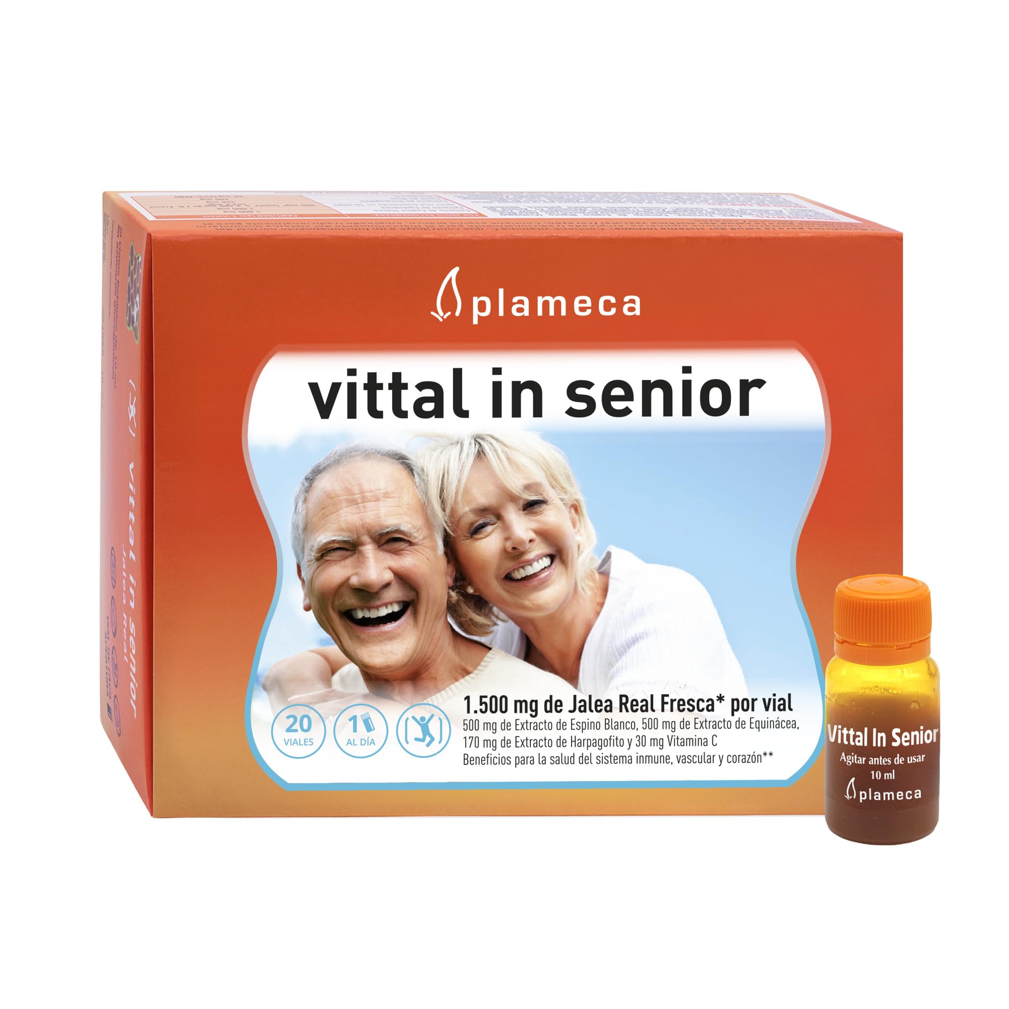 PLAMECA Vittal In Senior Jalea Real Defensas, Cansancio y fatiga, Equinácea, Espino Blanco, 20 Viales de 10 ml