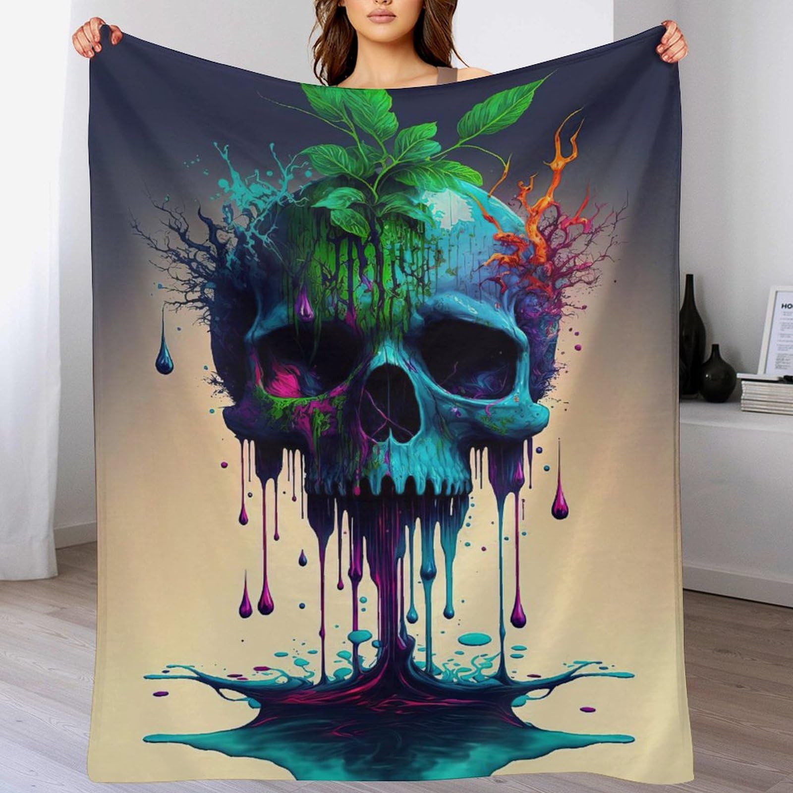 Couverture canapé crâne chaude en flannel pour soirées cocooning au salon
