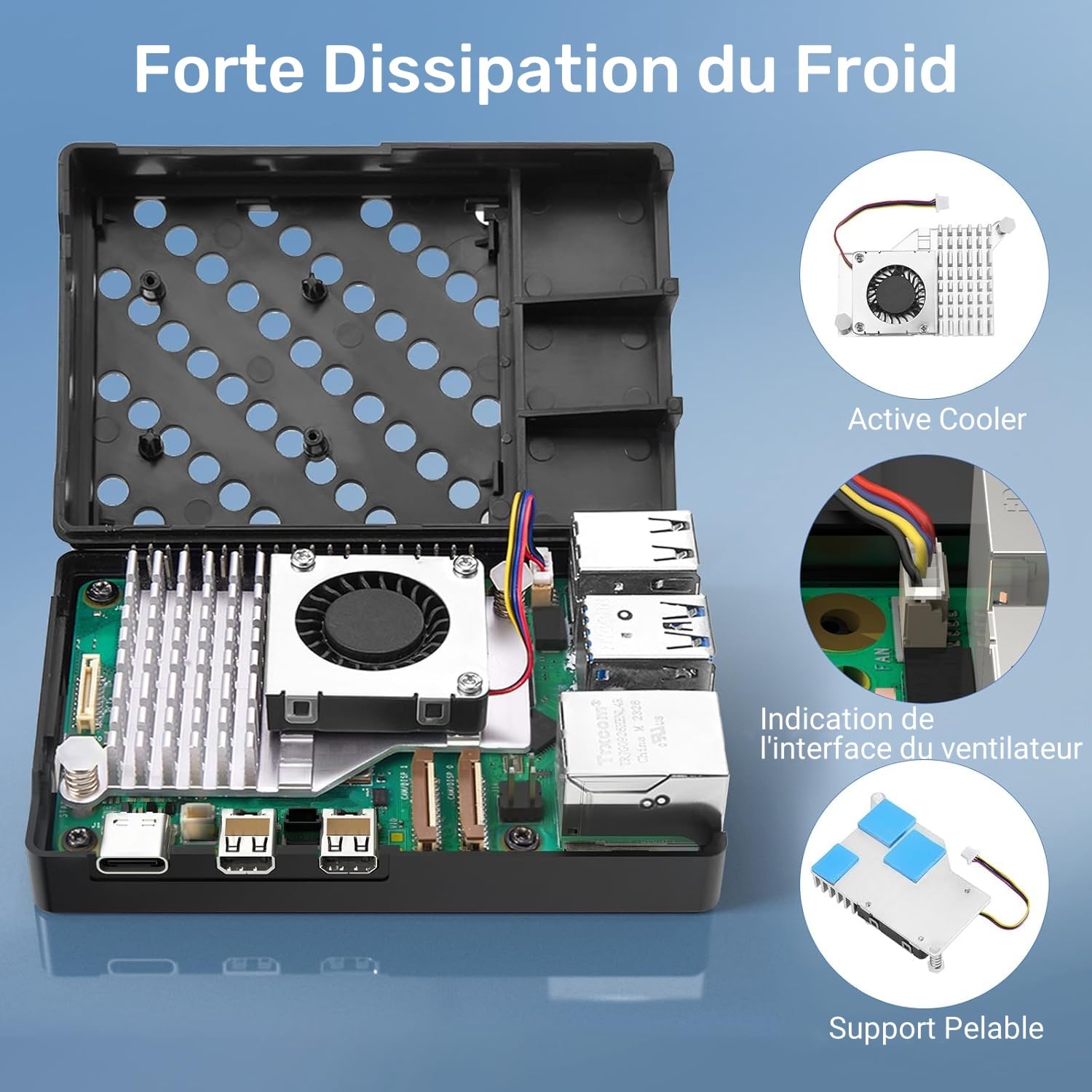 RasTech Raspberry Pi 5 16GO Kit 64GO Edition avec Active Cooler,Alimentation 27W 5.1V5A USB-C,Pi5 16GO Board,Kit Lecteur de Carte 64GO,Boîtier Pi 5,Double 4K Câbles de HD Out,Manuel d'utilisation