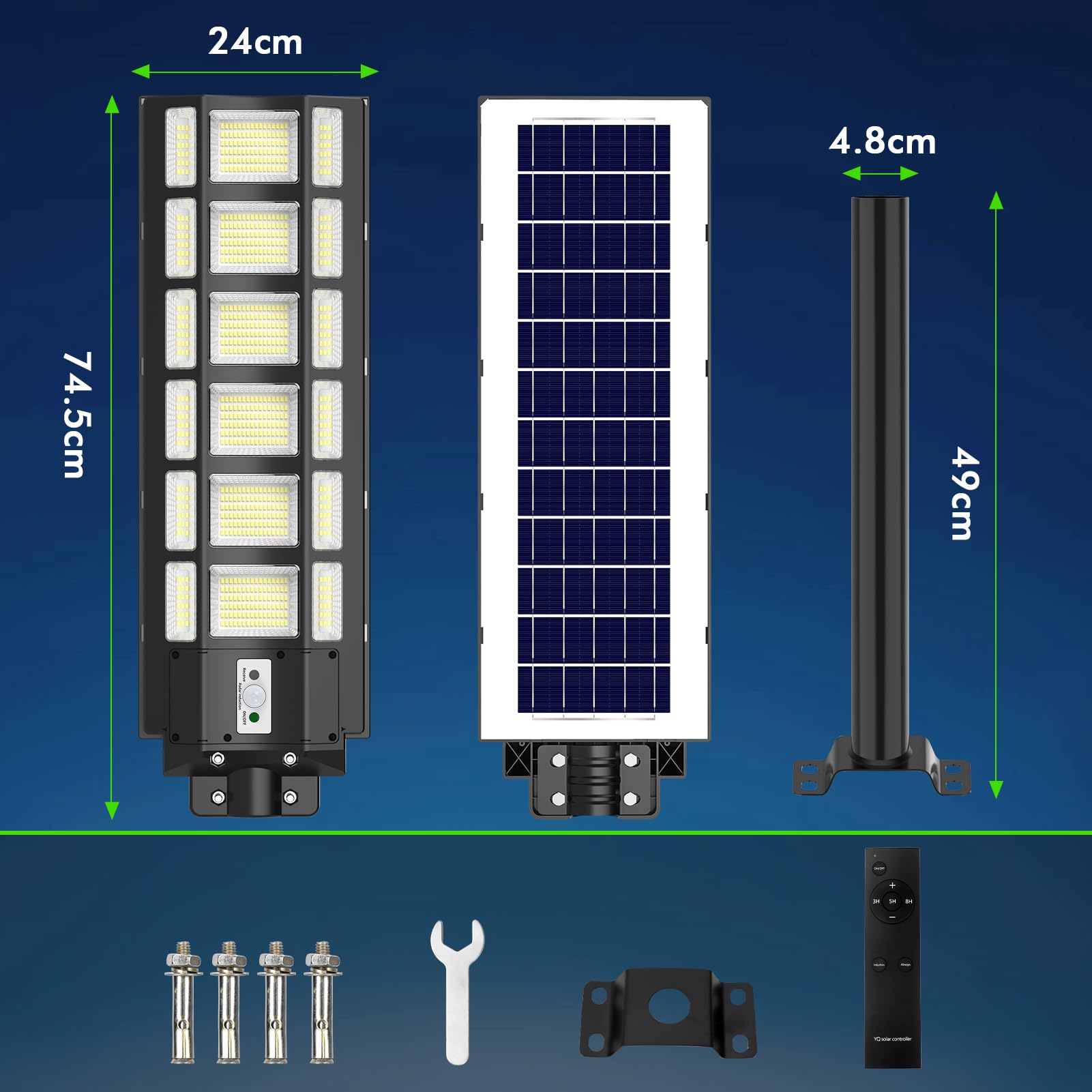 LED Réverbères Solaire Exterieur 1200W 6500K IP67 Etanche avec Télécommande Détecteur de Mouvement