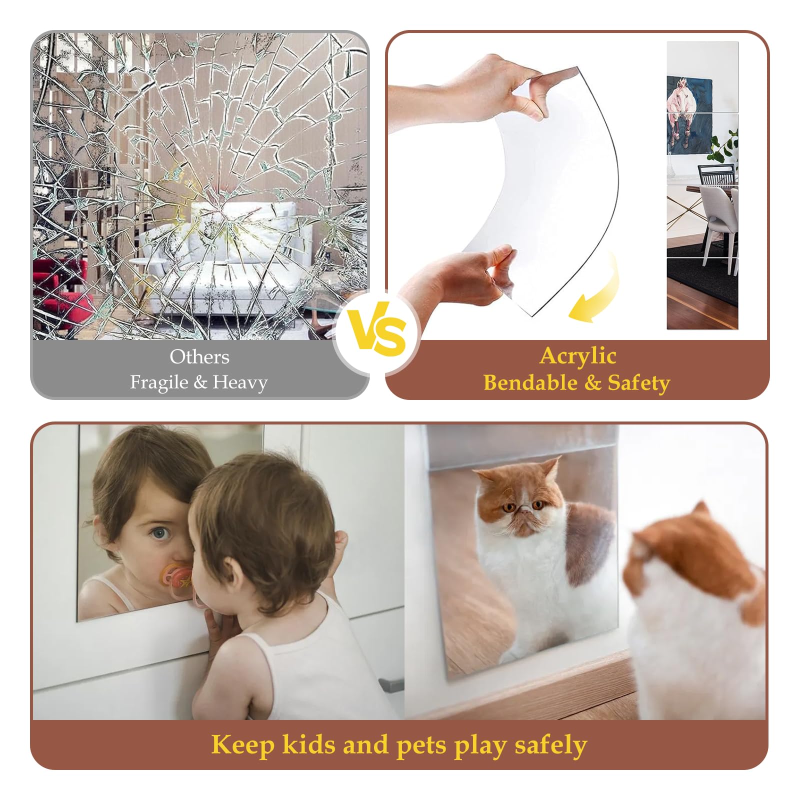 Espejo acrílico de longitud completa de 30 cm x 30 cm x 16 piezas, espejo irrompible de plástico de seguridad para niños, espejos preescolares sin marco para aula, espejo autoadhesivo