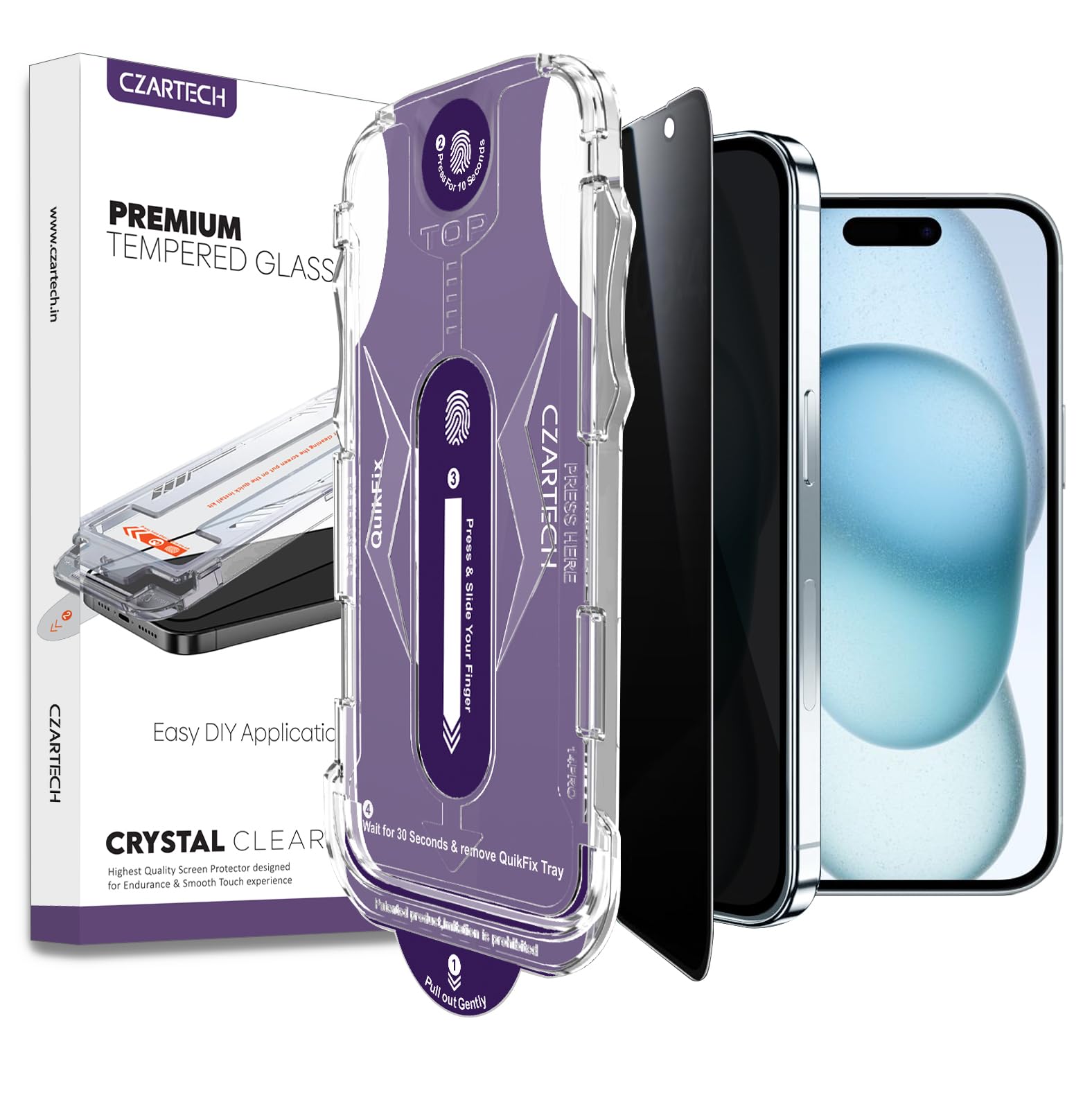 CZARTECH Auto-Align Privacy Tempered Glass for iPhone 15 Edge to Edge Screen Guard Protector 9H Glass with Quik Fix Application kit.