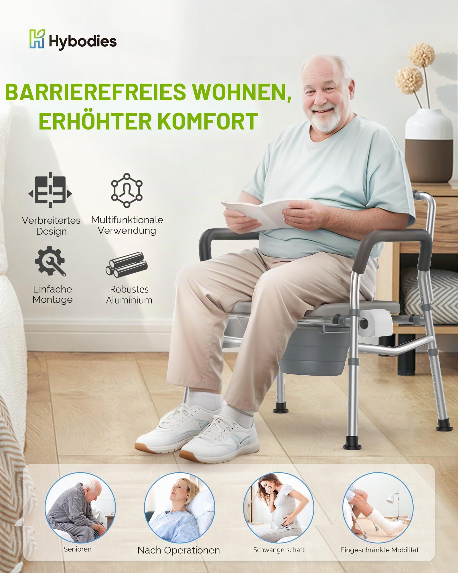 Heavy Duty Bariatric Commode, 4-in-1 Tragbare Nachtkommode oder Über-Toilettenstuhl, extra breit | Höhenverstellbar | Leicht zu reinigen, Handicap Toilettenstuhl für ältere Menschen mit