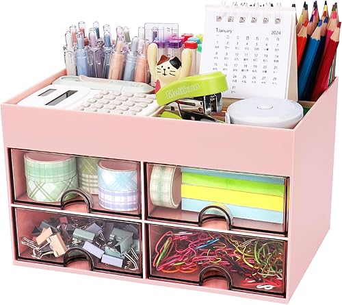 Miniatura 9 de Meiikun Organizador de escritorio multifuncional, soporte de plástico para bolígrafos con 2 cajones, 3 compartimentos y una bandeja superior,
