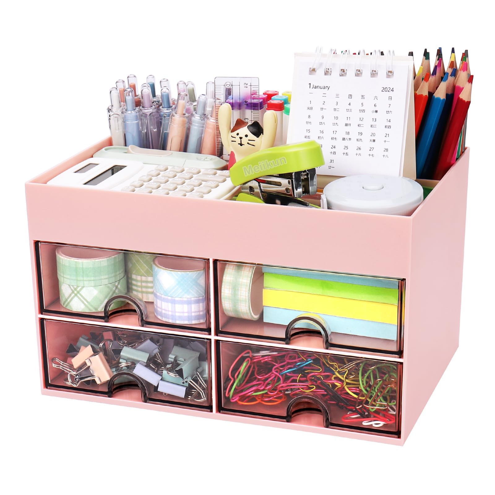 Meiikun Desk Organizer, Office Organizer with Drawer, Desk Accessories & Workspace Organizers, Pen Holder Office Supplies for Desk (4 Drawers+4