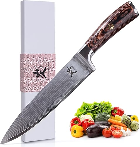 Miniatura 9 de SAMCOOK Kiritsuke Cuchillo de chef – Cuchillo profesional afilado de Damasco de 8 pulgadas – Cuchillo japonés VG-10 de acero inoxidable de alto