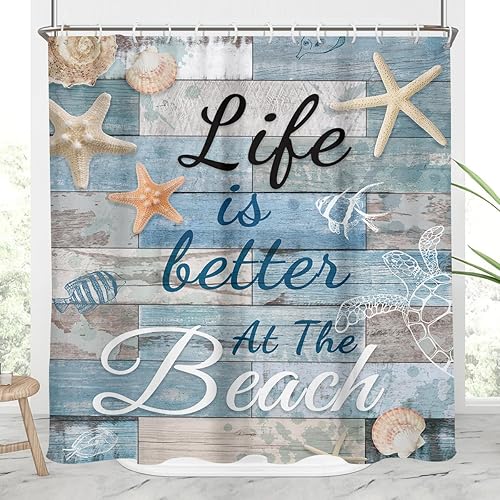 AAtter Cortina de ducha de playa estándar náutica, azul costero, aguamarina, decorativa de verano, conchas tropicales, hawaianas, estrellas de mar,